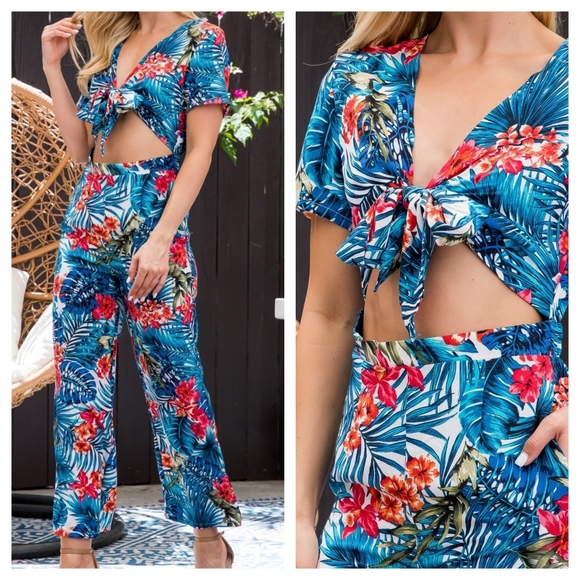 29 green tropical floral boho open tie front short sleeve tea length jumpsuit - Picture 5 of 7